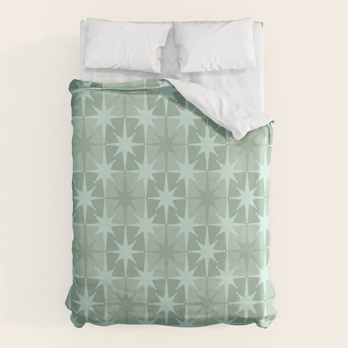 Mid Century Modern Atomic Stars Checkered Starburst Pattern in Retro Sea Glass Green Tones Duvet Cover Gallery Image 6