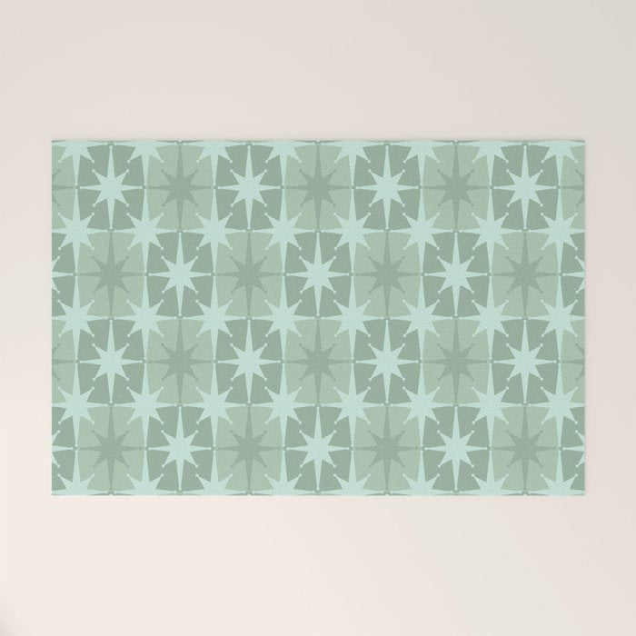 Mid Century Modern Atomic Stars Checkered Starburst Pattern in Retro Sea Glass Green Tones Welcome Mat Gallery Image 1