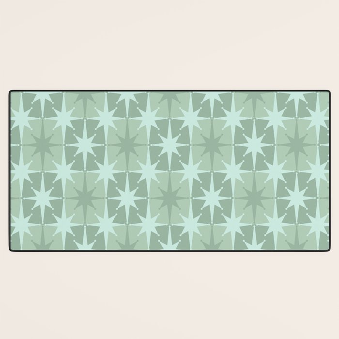 Mid Century Modern Atomic Stars Checkered Starburst Pattern in Retro Sea Glass Green Tones Desk Mat Gallery Image 3