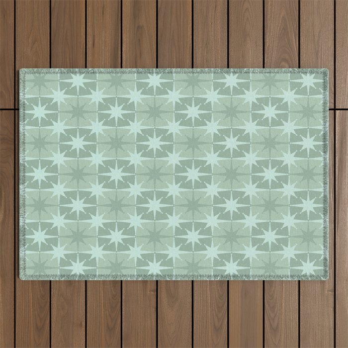 Mid Century Modern Atomic Stars Checkered Starburst Pattern in Retro Sea Glass Green Tones Outdoor Rug Gallery Image 1