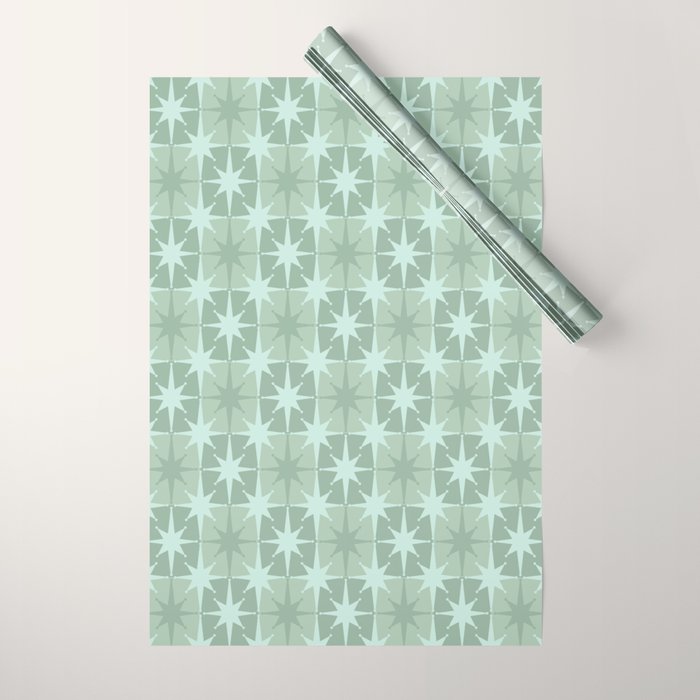 Mid Century Modern Atomic Stars Checkered Starburst Pattern in Retro Sea Glass Green Tones Wrapping Paper Gallery Image 1