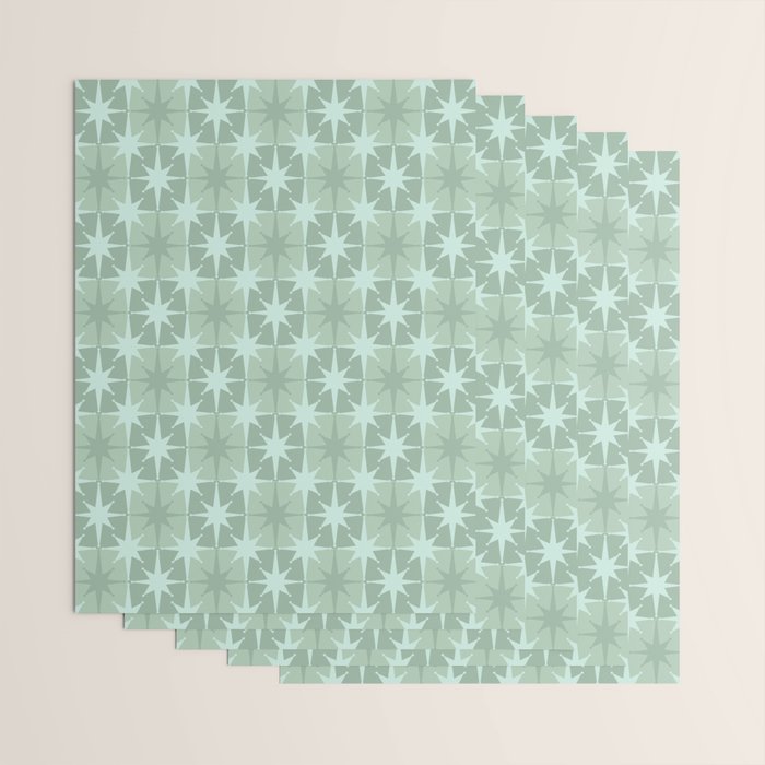 Mid Century Modern Atomic Stars Checkered Starburst Pattern in Retro Sea Glass Green Tones Wrapping Paper Gallery Image 3