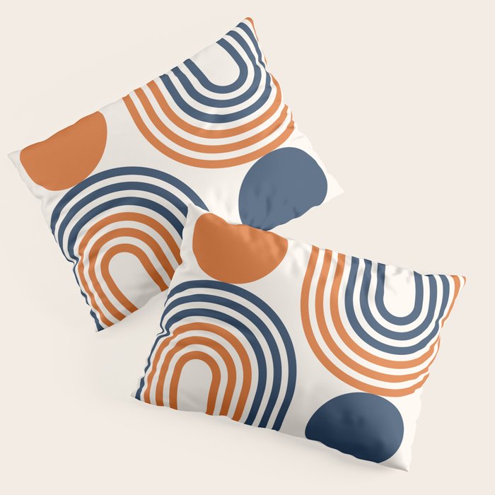 Mid Century Modern Geometric 450 in Navy Blue and Orange (Rainbow and Sun Abstraction) Pillow Sham Gallery Image 3