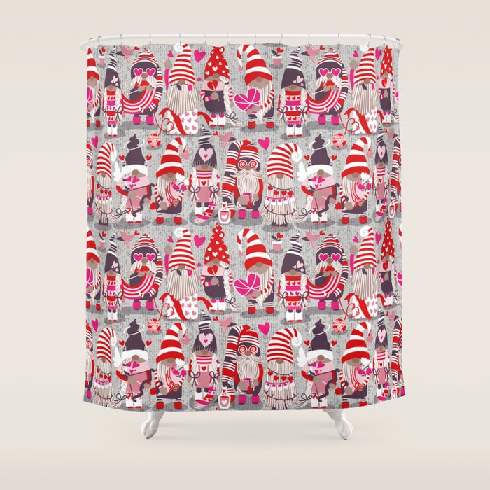 I gnome you more // grey background red and pink Valentine's Day gnomes and motifs Shower Curtain Gallery Image 1