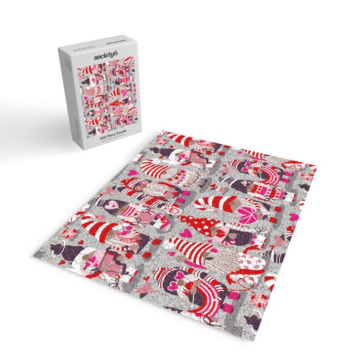 I gnome you more // grey background red and pink Valentine's Day gnomes and motifs Jigsaw Puzzle Gallery Image 2