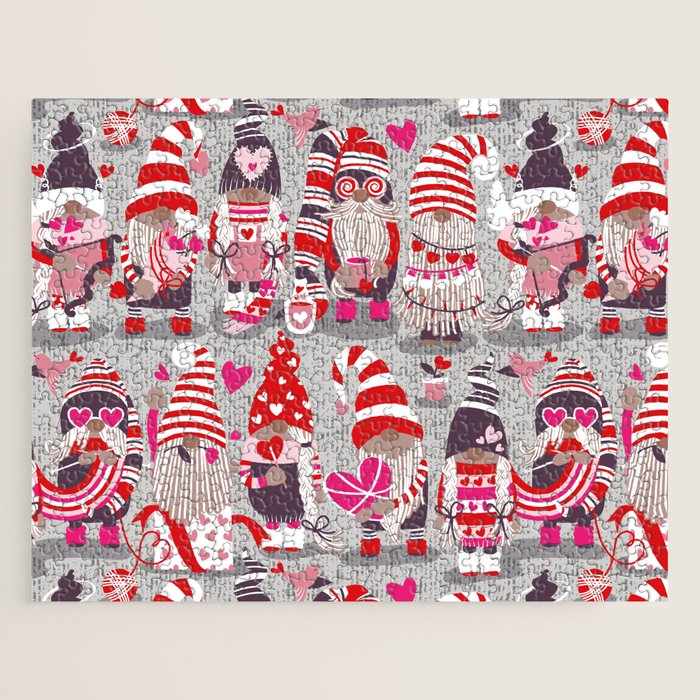 I gnome you more // grey background red and pink Valentine's Day gnomes and motifs Jigsaw Puzzle Gallery Image 1