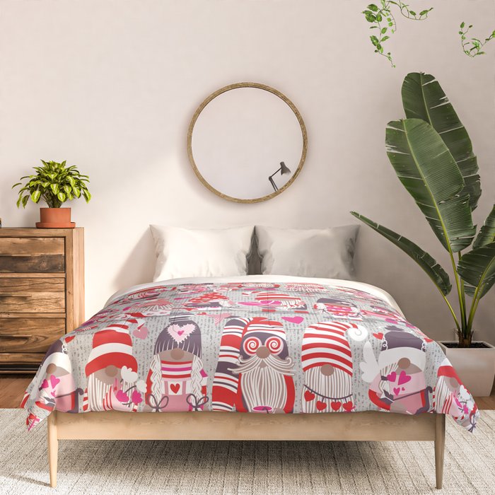 I gnome you more // grey background red and pink Valentine's Day gnomes and motifs Comforter Gallery Image 3