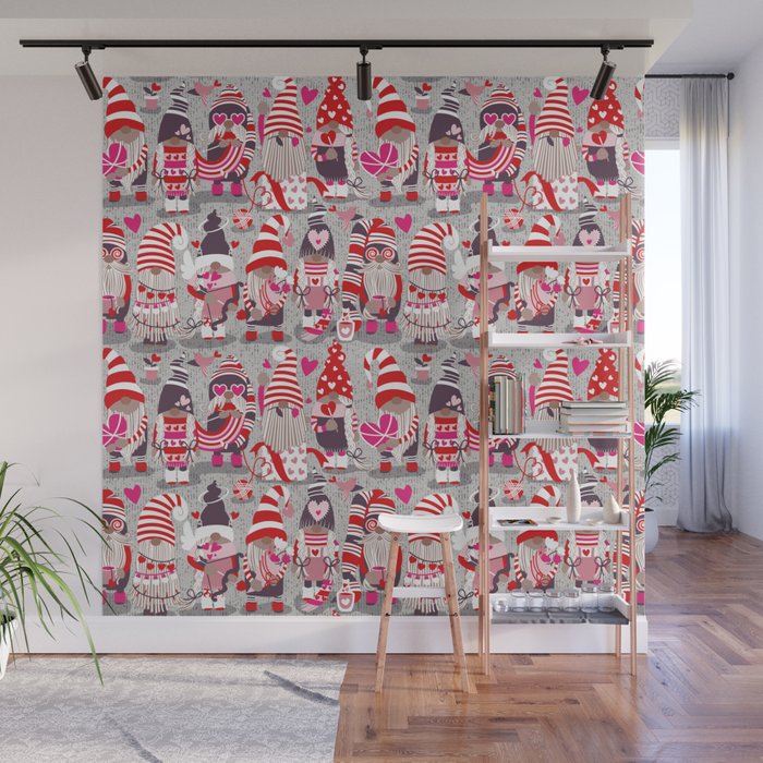 I gnome you more // grey background red and pink Valentine's Day gnomes and motifs Wall Mural Gallery Image 1