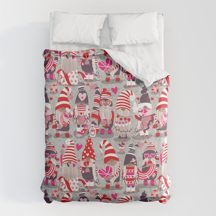 I gnome you more // grey background red and pink Valentine's Day gnomes and motifs Duvet Cover Gallery Image 6