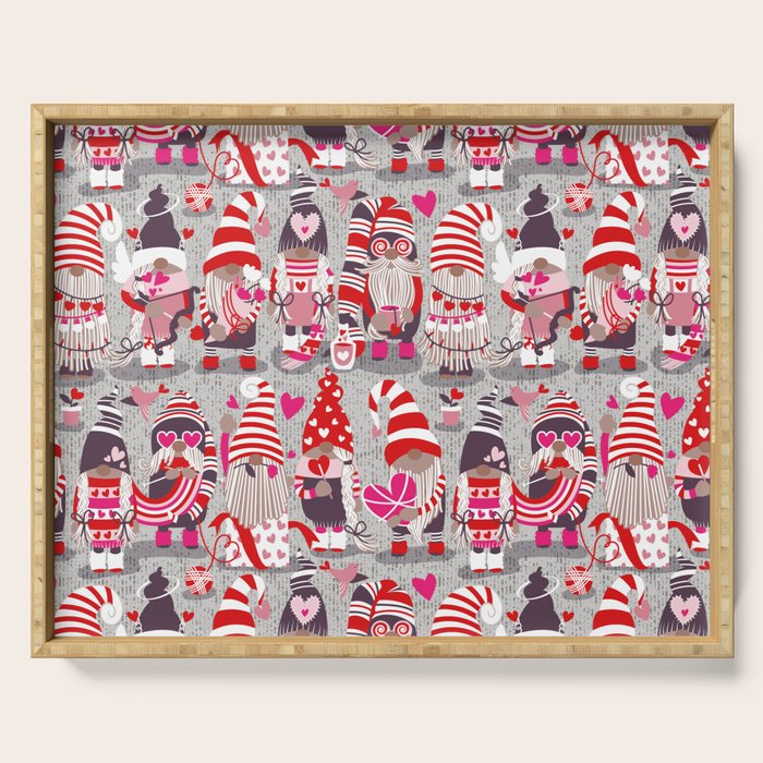 I gnome you more // grey background red and pink Valentine's Day gnomes and motifs Serving Tray Gallery Image 1