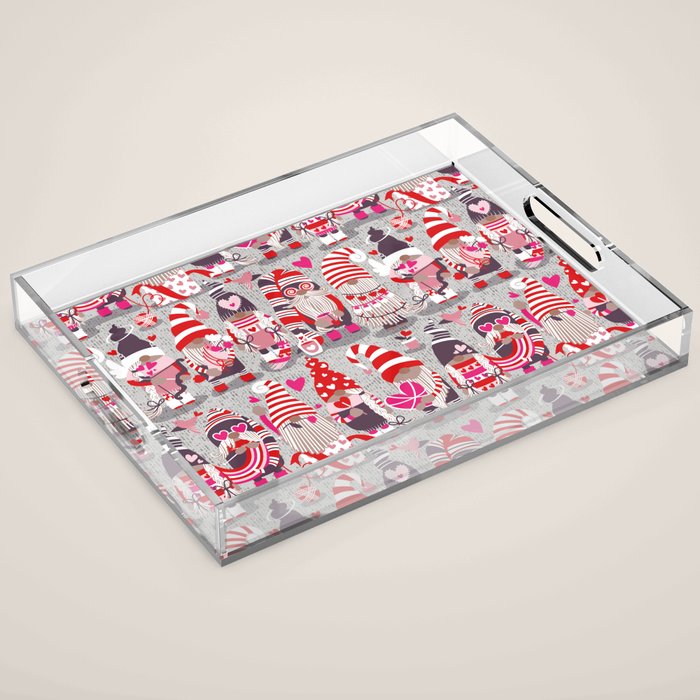I gnome you more // grey background red and pink Valentine's Day gnomes and motifs Acrylic Tray Gallery Image 1