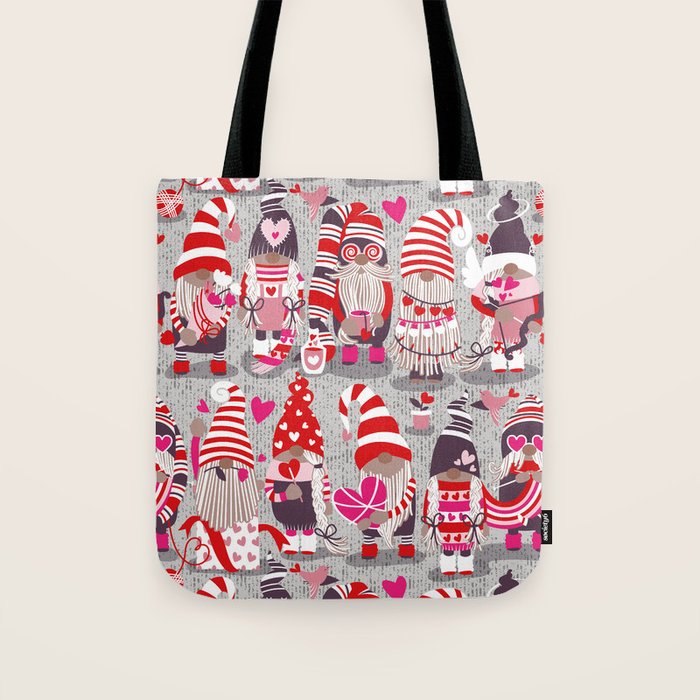 I gnome you more // grey background red and pink Valentine's Day gnomes and motifs Tote Bag Gallery Image 1