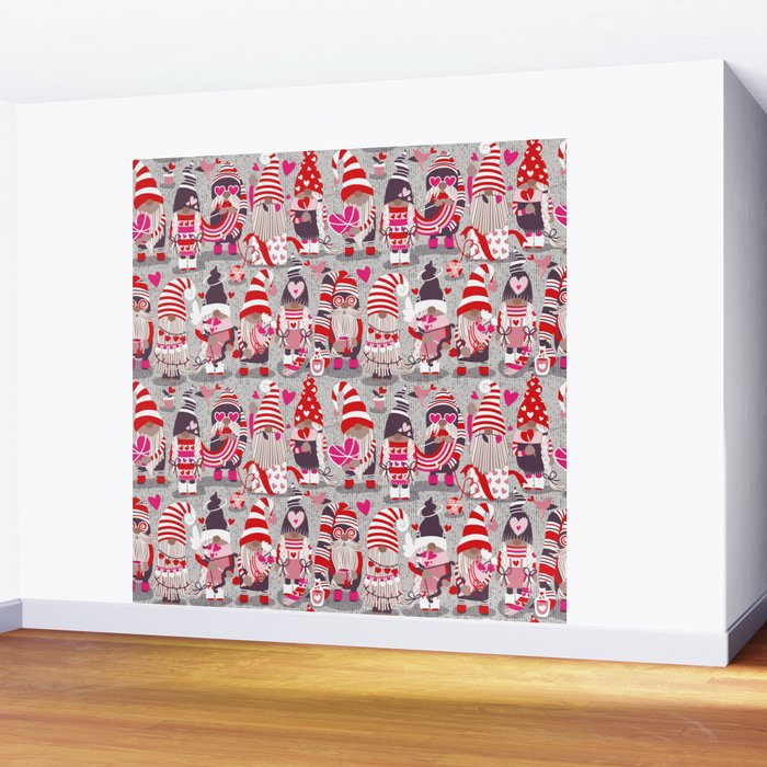 I gnome you more // grey background red and pink Valentine's Day gnomes and motifs Wall Mural Gallery Image 2