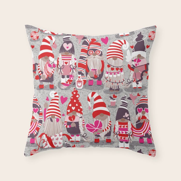 I gnome you more // grey background red and pink Valentine's Day gnomes and motifs Throw Pillow Gallery Image 6