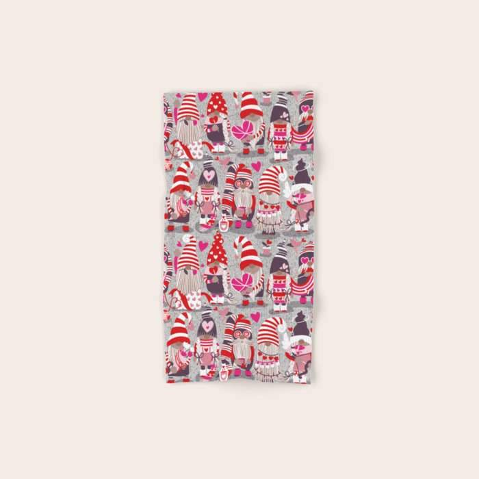I gnome you more // grey background red and pink Valentine's Day gnomes and motifs Bath Towel Gallery Image 1
