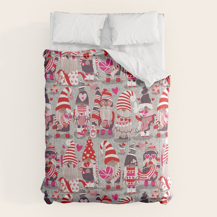 I gnome you more // grey background red and pink Valentine's Day gnomes and motifs Comforter Gallery Image 1