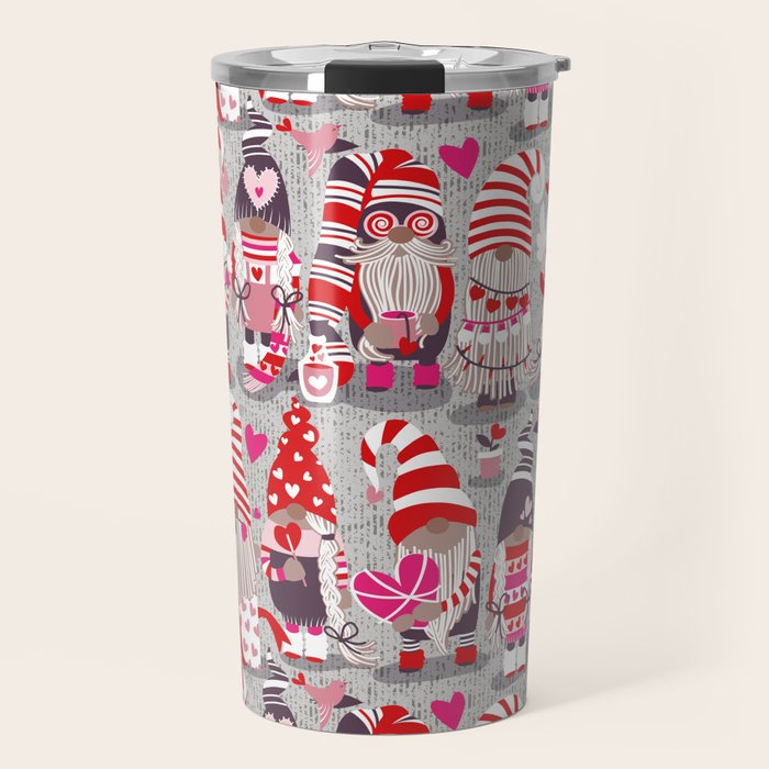 I gnome you more // grey background red and pink Valentine's Day gnomes and motifs Travel Mug Gallery Image 1