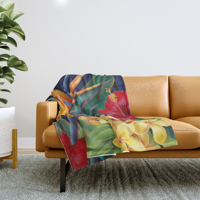 Tropical Paradise Hawaiian Floral Illustration Throw Blanket Gallery Image 1