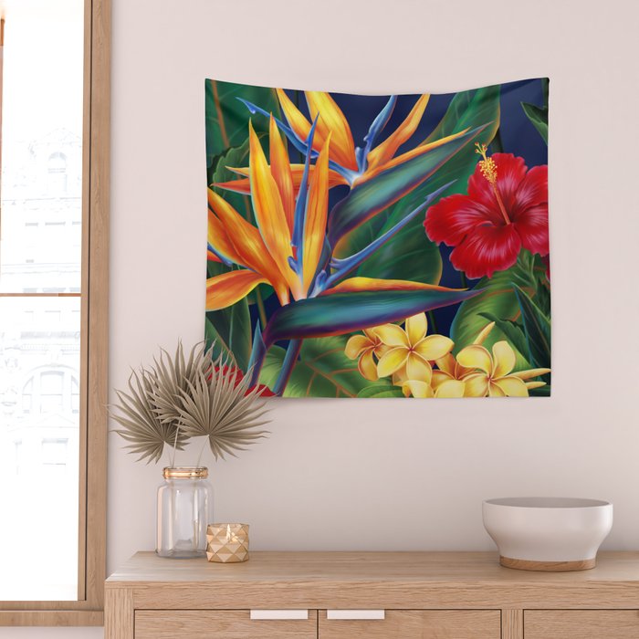 Tropical Paradise Hawaiian Floral Illustration Wall Tapestry Gallery Image 2