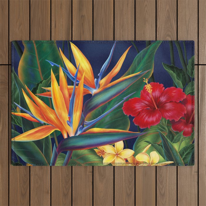 Tropical Paradise Hawaiian Floral Illustration Outdoor Rug Gallery Image 1