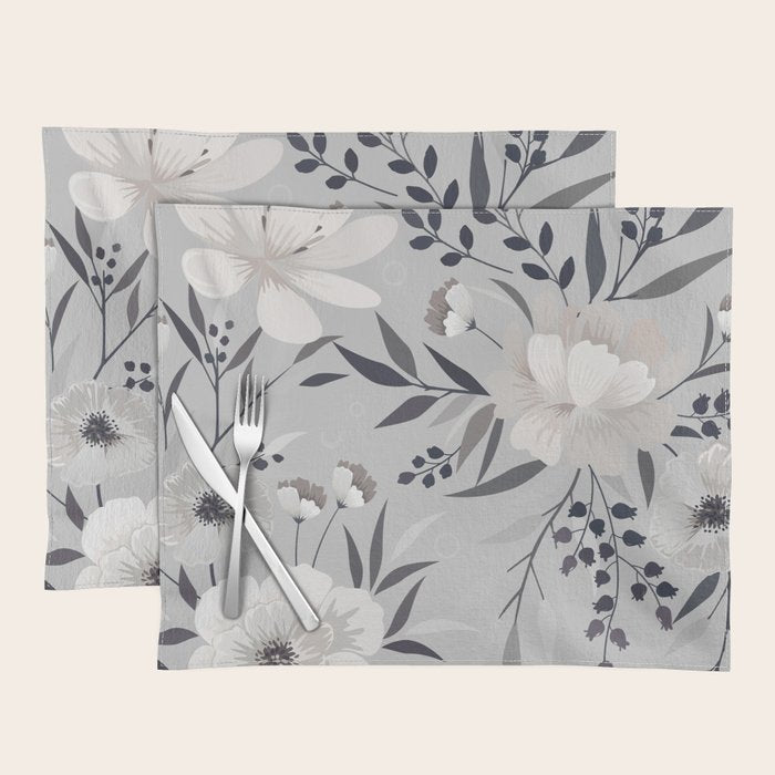 Modern, Boho, Floral Prints, Gray and White Placemat Gallery Image 1