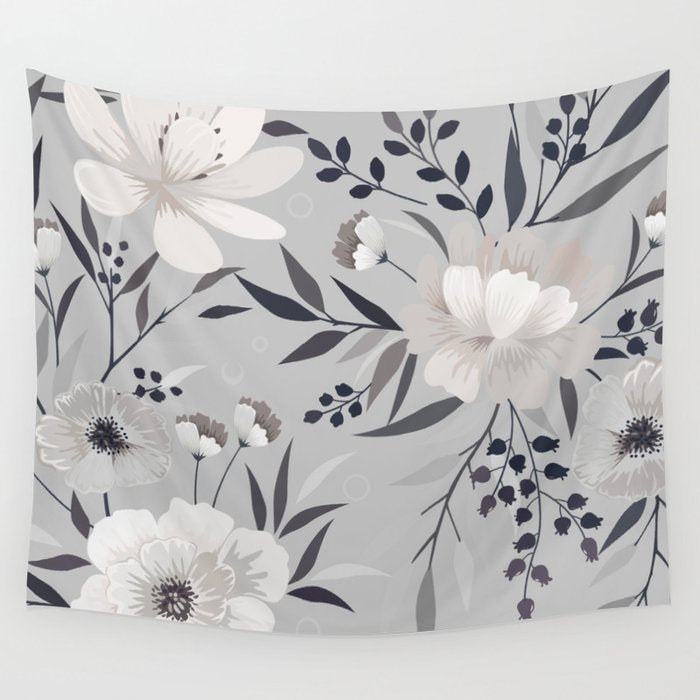 Modern, Boho, Floral Prints, Gray and White Wall Tapestry Gallery Image 4