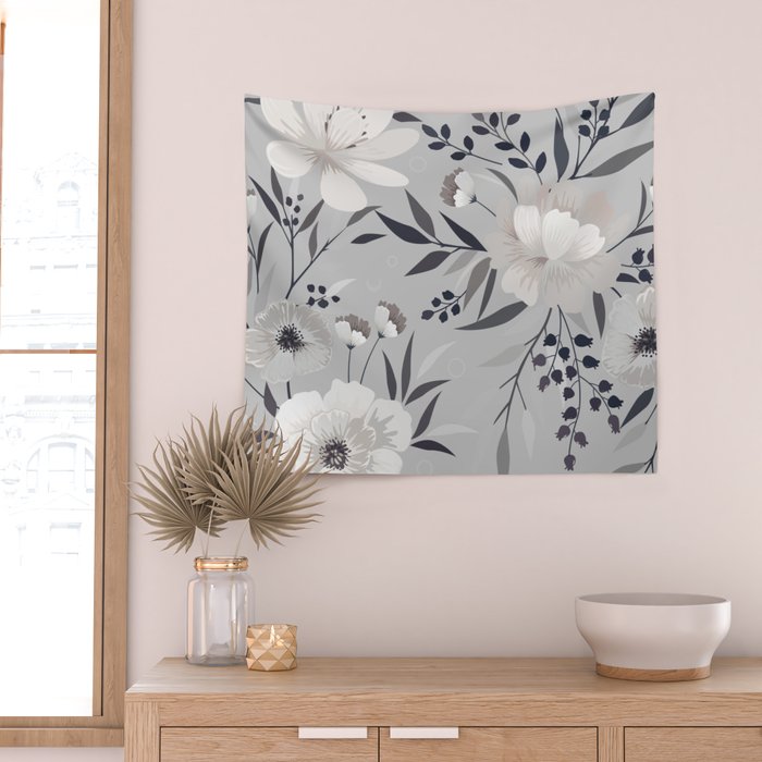 Modern, Boho, Floral Prints, Gray and White Wall Tapestry Gallery Image 2