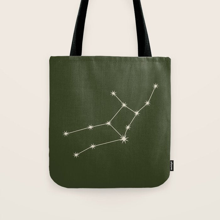 Virgo Zodiac Star Constellation Line Art Moss Green Tote Bag Gallery Image 1