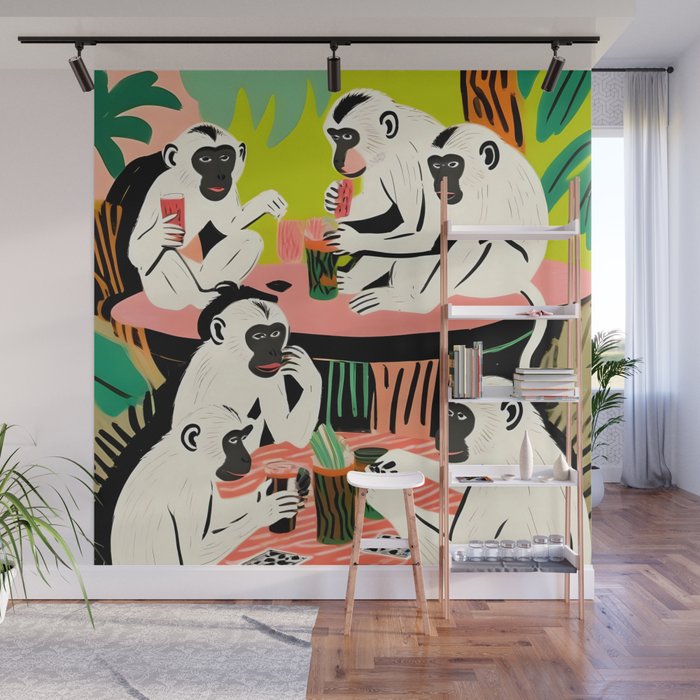 Game Weekend, Monkey Pastel Tropical Playing Cards, Fun Eclectic Party Drinks Alcohol Jungle, Wild Animals Friends Hangout Painting Wall Mural Gallery Image 1