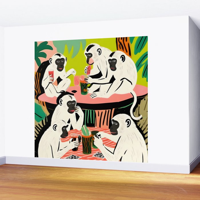 Game Weekend, Monkey Pastel Tropical Playing Cards, Fun Eclectic Party Drinks Alcohol Jungle, Wild Animals Friends Hangout Painting Wall Mural Gallery Image 2
