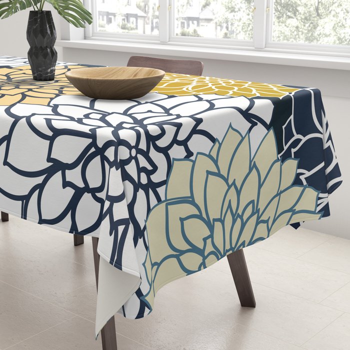 Chrysanthemum Willow, Floral Prints, Blue and Yellow Tablecloth Gallery Image 3