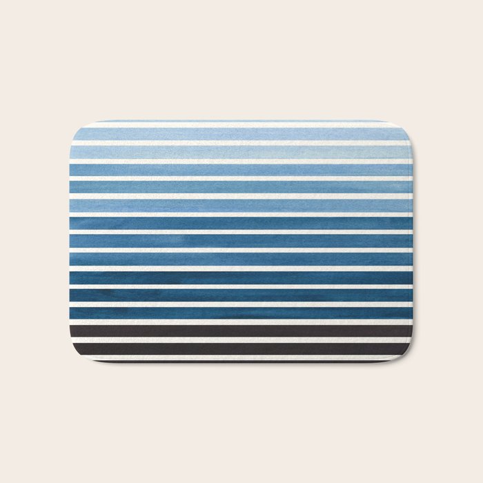 Watercolor Gouache Mid Century Modern Minimalist Colorful Green Blue Stripes Bath Mat Gallery Image 1