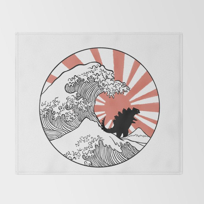 Godzilla Rising Sun The Great Wave  Throw Blanket Gallery Image 2