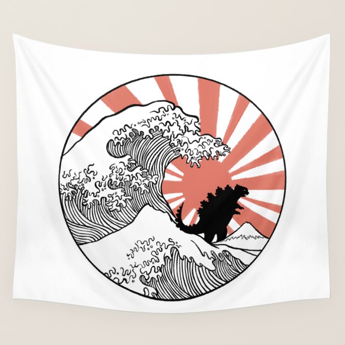 Godzilla Rising Sun The Great Wave  Wall Tapestry Gallery Image 1