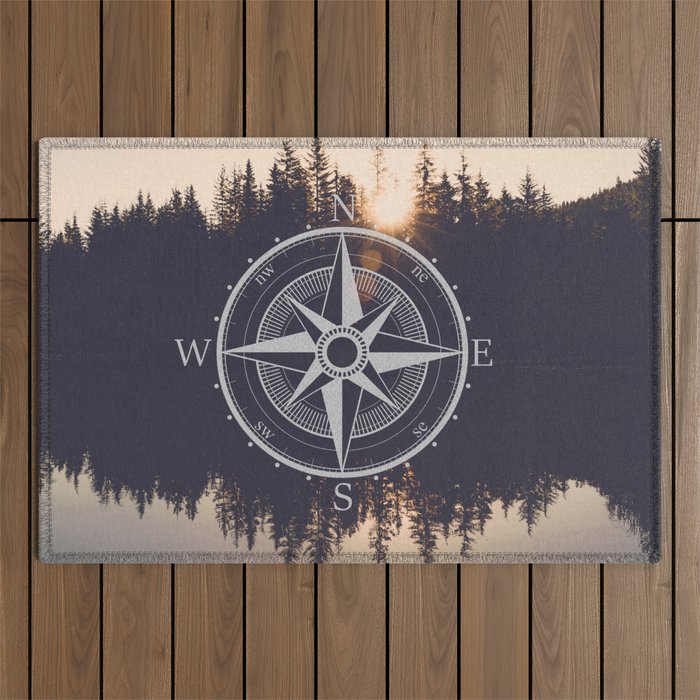 Wooded Lake Reflection Compass Outdoor Rug Gallery Image 1