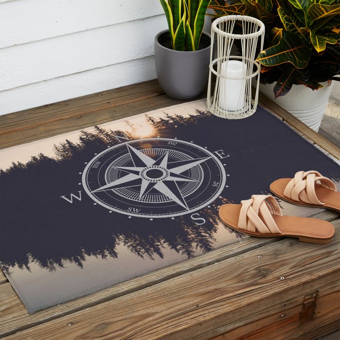 Wooded Lake Reflection Compass Outdoor Rug Gallery Image 2