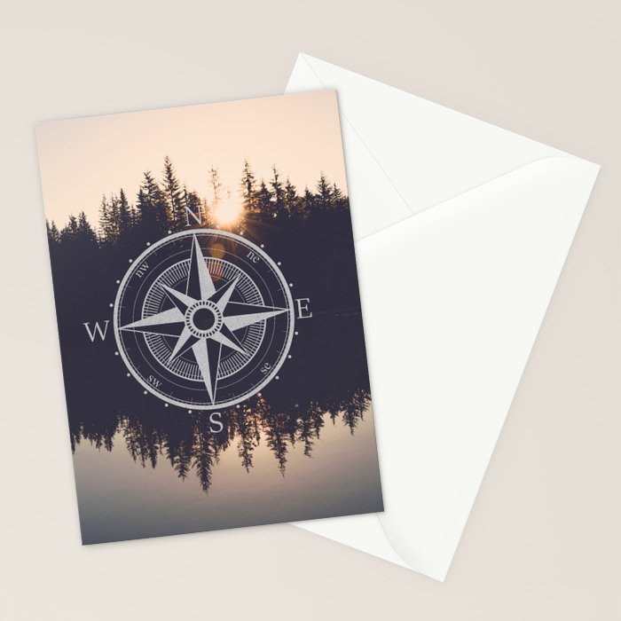Wooded Lake Reflection Compass Stationery Card Gallery Image 2
