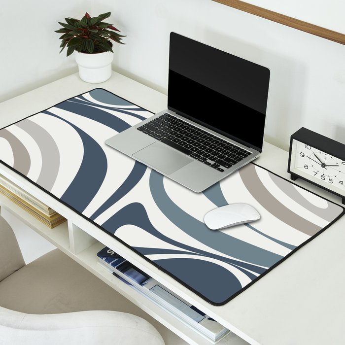 New Groove Retro Swirl Abstract Pattern in Neutral Blue Grey Desk Mat Gallery Image 2