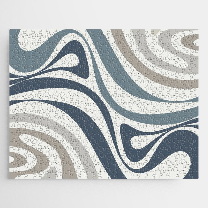 New Groove Retro Swirl Abstract Pattern in Neutral Blue Grey Jigsaw Puzzle Gallery Image 1