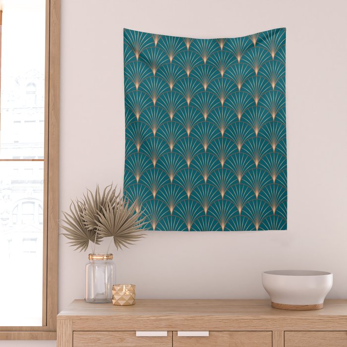 Vintage Art Deco Floral Copper & Teal Wall Tapestry Gallery Image 2