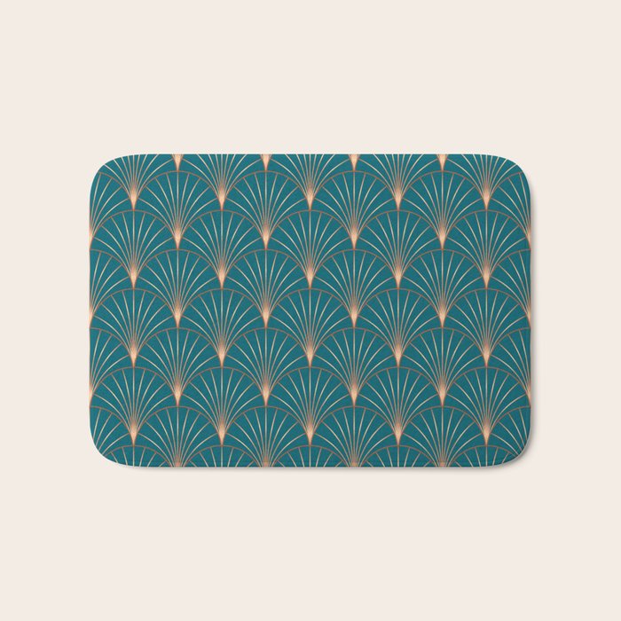 Vintage Art Deco Floral Copper & Teal Bath Mat Gallery Image 1