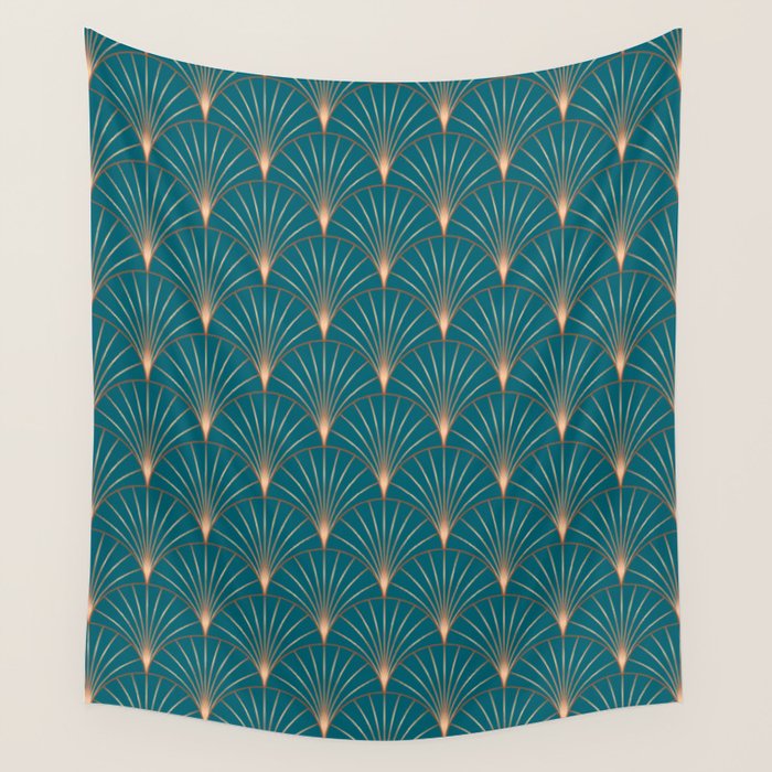 Vintage Art Deco Floral Copper & Teal Wall Tapestry Gallery Image 4