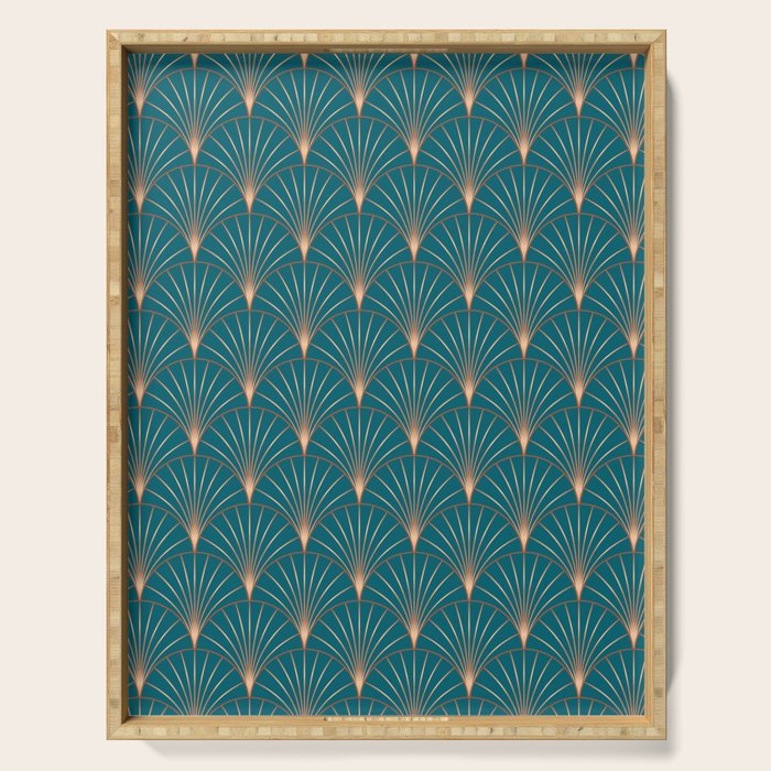 Vintage Art Deco Floral Copper & Teal Serving Tray Gallery Image 1