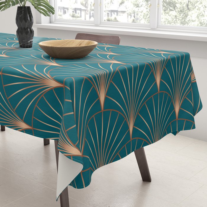Vintage Art Deco Floral Copper & Teal Tablecloth Gallery Image 3