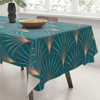 Vintage Art Deco Floral Copper & Teal Tablecloth Gallery Image 3