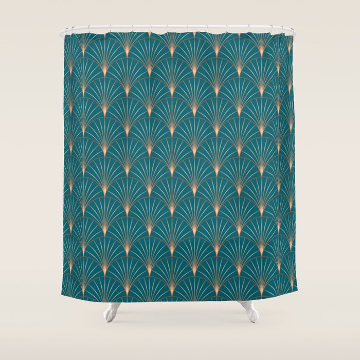 Vintage Art Deco Floral Copper & Teal Shower Curtain Gallery Image 1