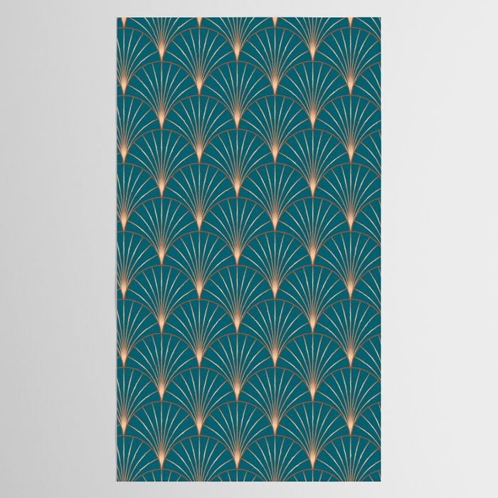 Vintage Art Deco Floral Copper & Teal Tablecloth Gallery Image 2