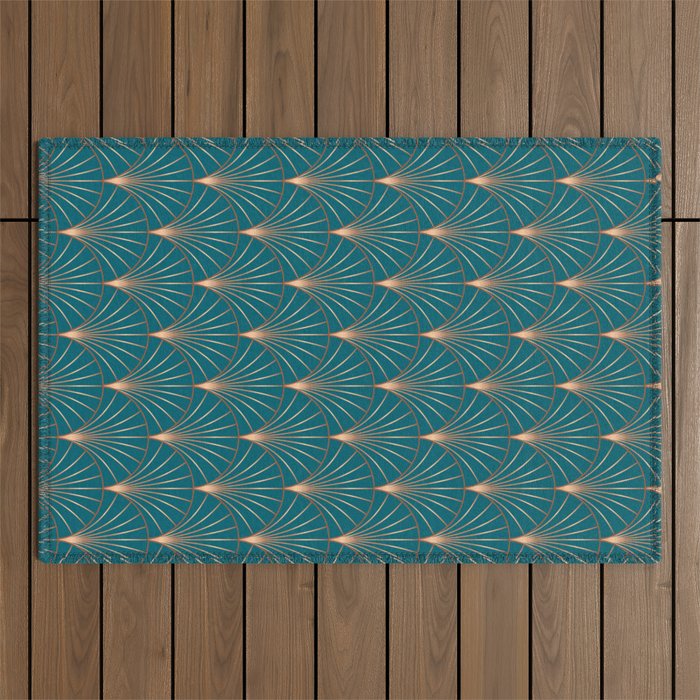 Vintage Art Deco Floral Copper & Teal Outdoor Rug Gallery Image 1
