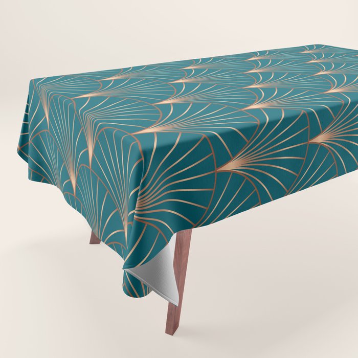 Vintage Art Deco Floral Copper & Teal Tablecloth Gallery Image 1