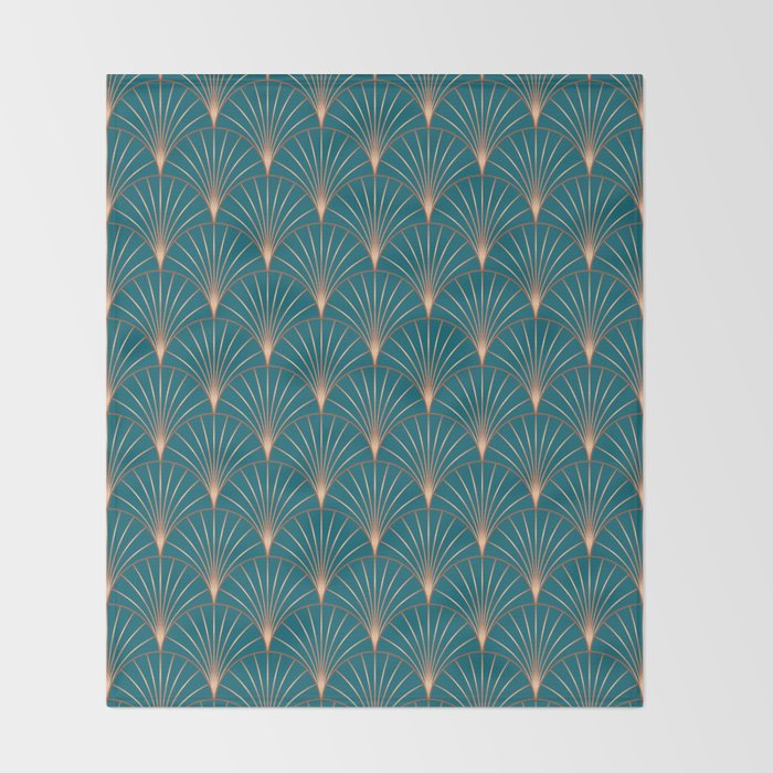 Vintage Art Deco Floral Copper & Teal Throw Blanket Gallery Image 2